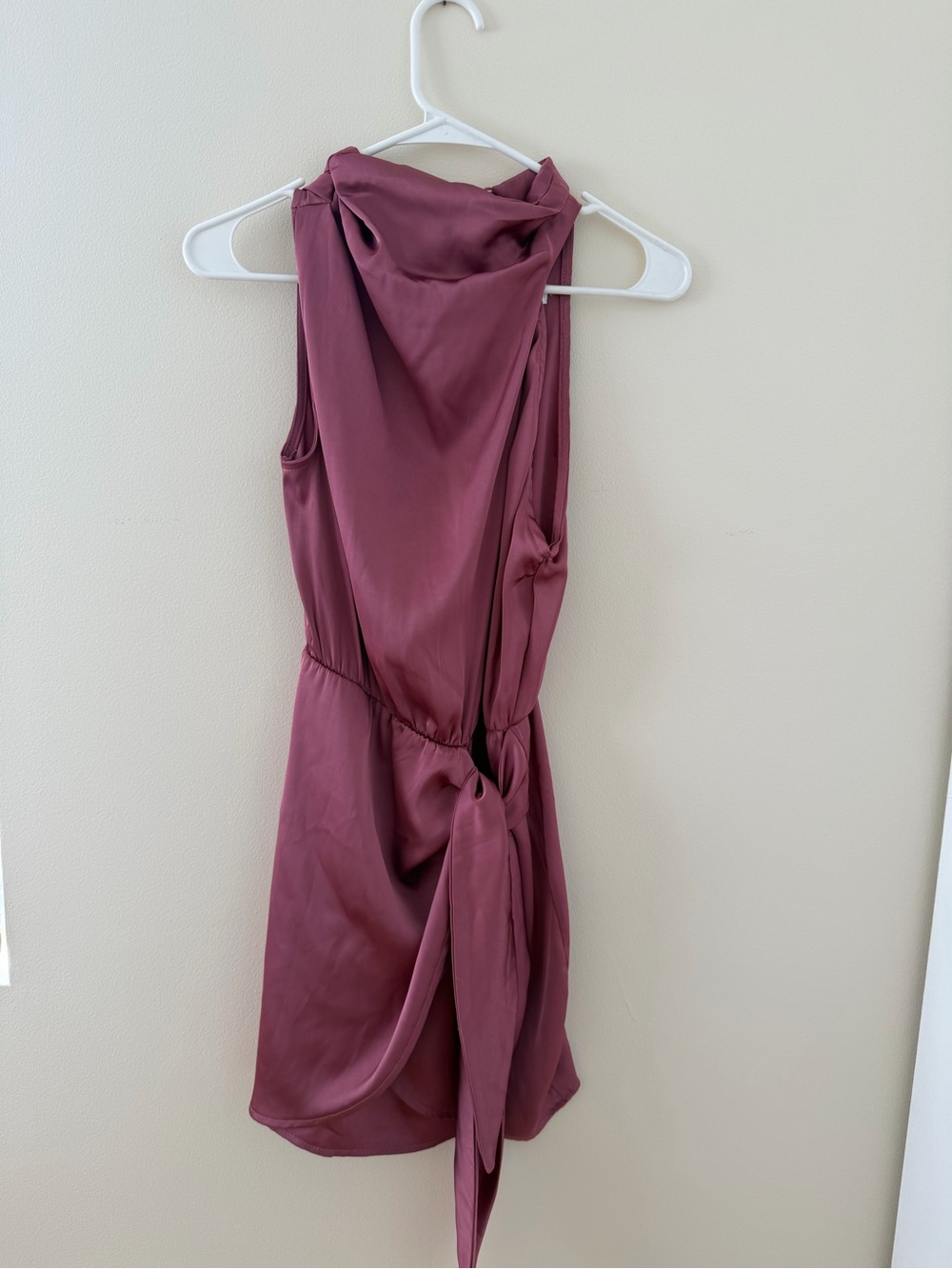 Sleeveless Cowl Neck Mini Dress with Side Tie in Plum